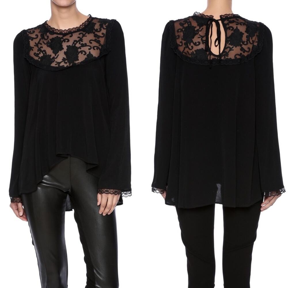 For Love & Lemons Ellery Long Sleeve Lace Top Black High Low Hem Extra Small